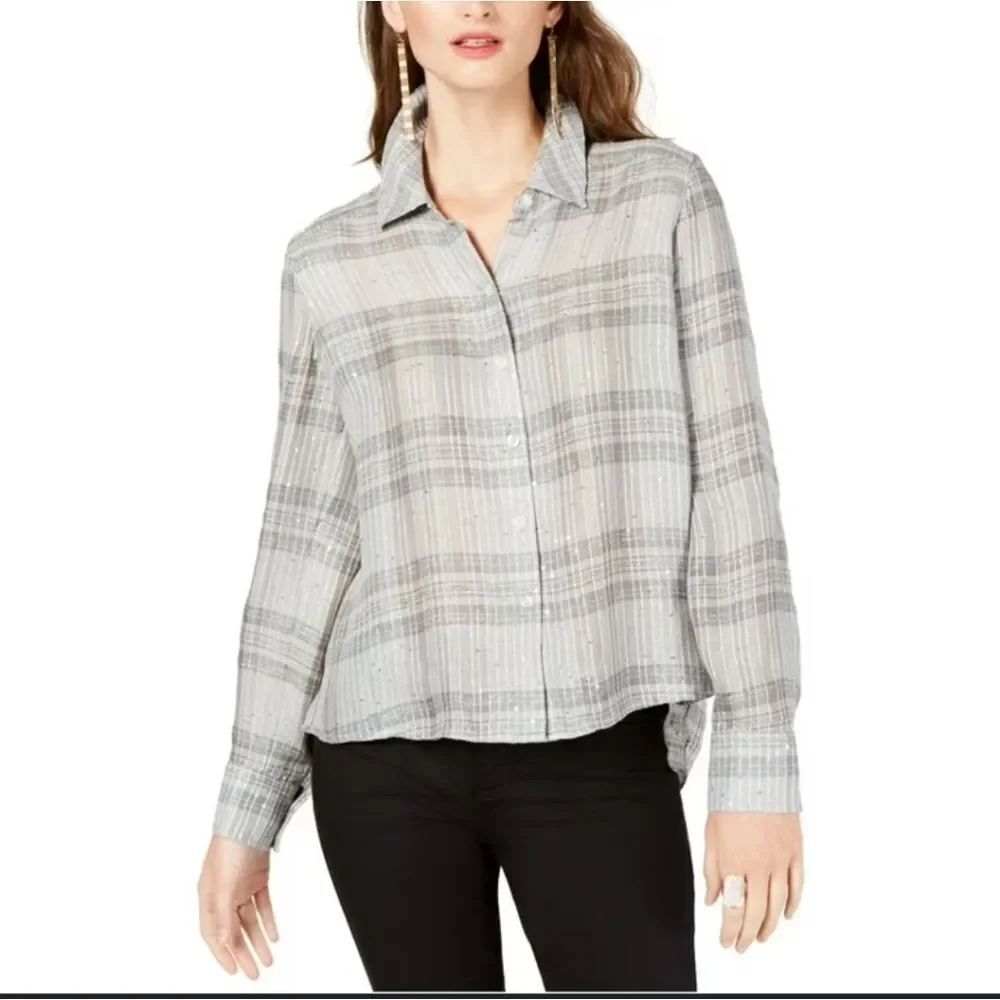 BRAND NEW I-N-C WOMEN'S PLAID SEQUIN BUTTON UP SHIRT